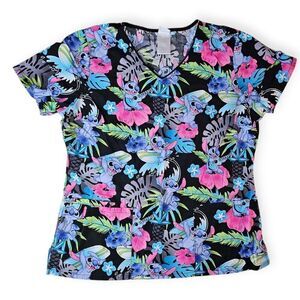 Disney Stitch Black Floral Scrub Top Medium
